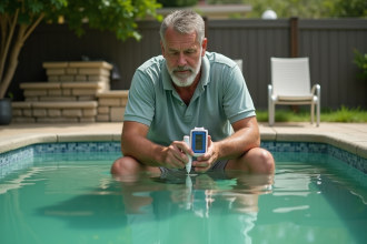 Homme testant l'eau de la piscine avec un kit de test