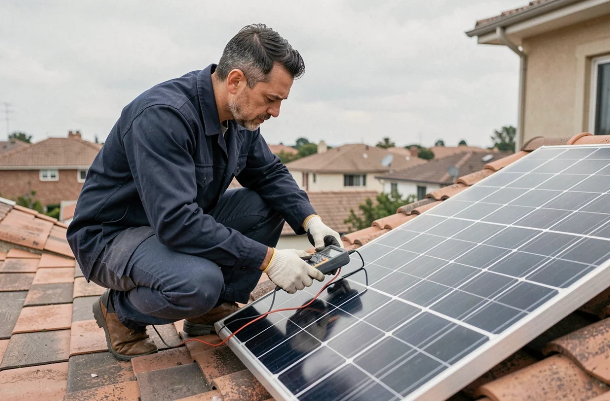 Technicien inspectant un panneau solaire monocristallin sur un toit résidentiel avec un multimètre numérique