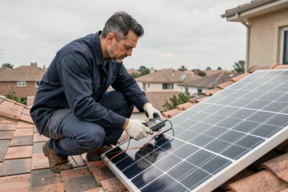 Technicien inspectant un panneau solaire monocristallin sur un toit résidentiel avec un multimètre numérique