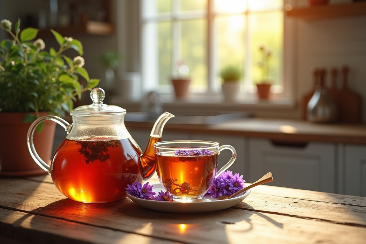 Thé de borage dans une tasse avec fleurs sur une table en bois