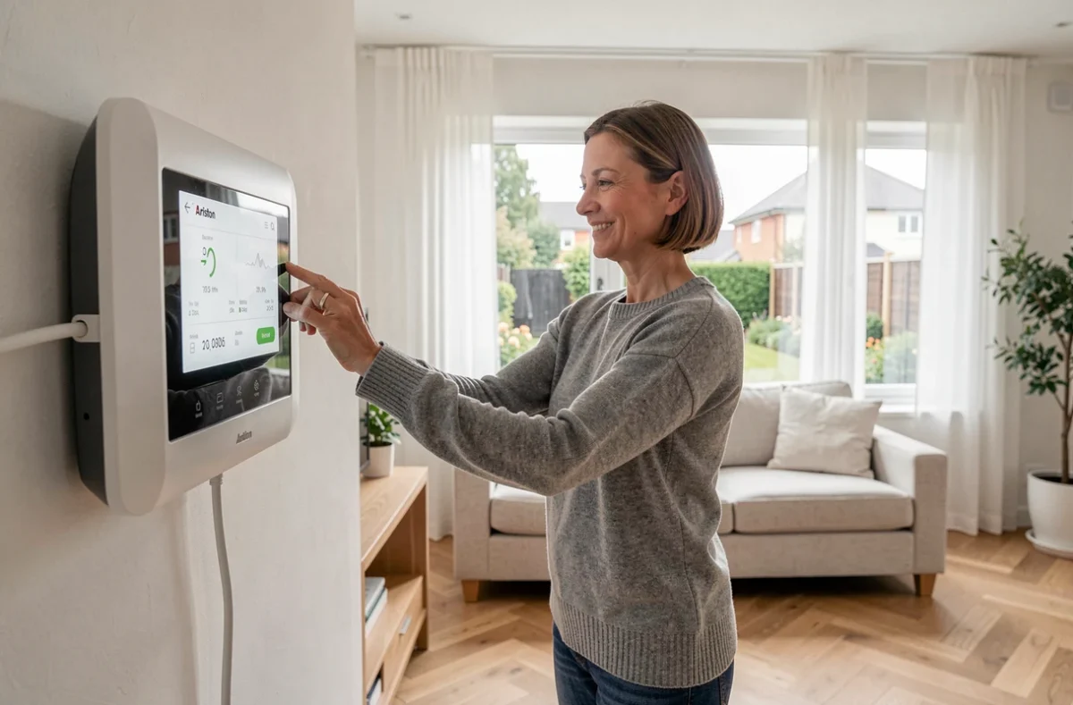 Femme réglant le thermostat connecté d'une pompe à chaleur Ariston dans un salon moderne au parquet en chêne