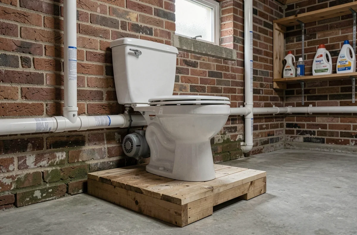 Toilettes avec broyeur macerator installées en sous-sol avec canalisation d'évacuation visible sur mur en briques