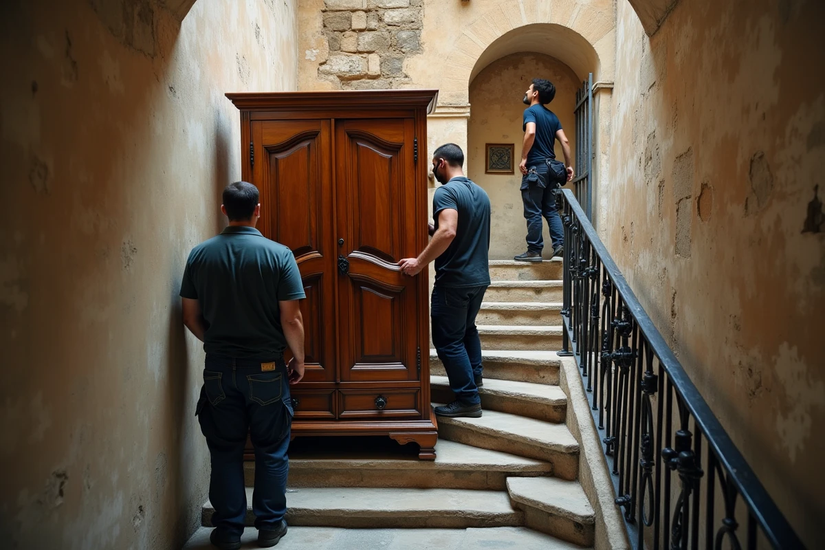Équipe de déménagement transportant une armoire ancienne enveloppée de couvertures protectrices dans un escalier en pierre d'une maison de ville