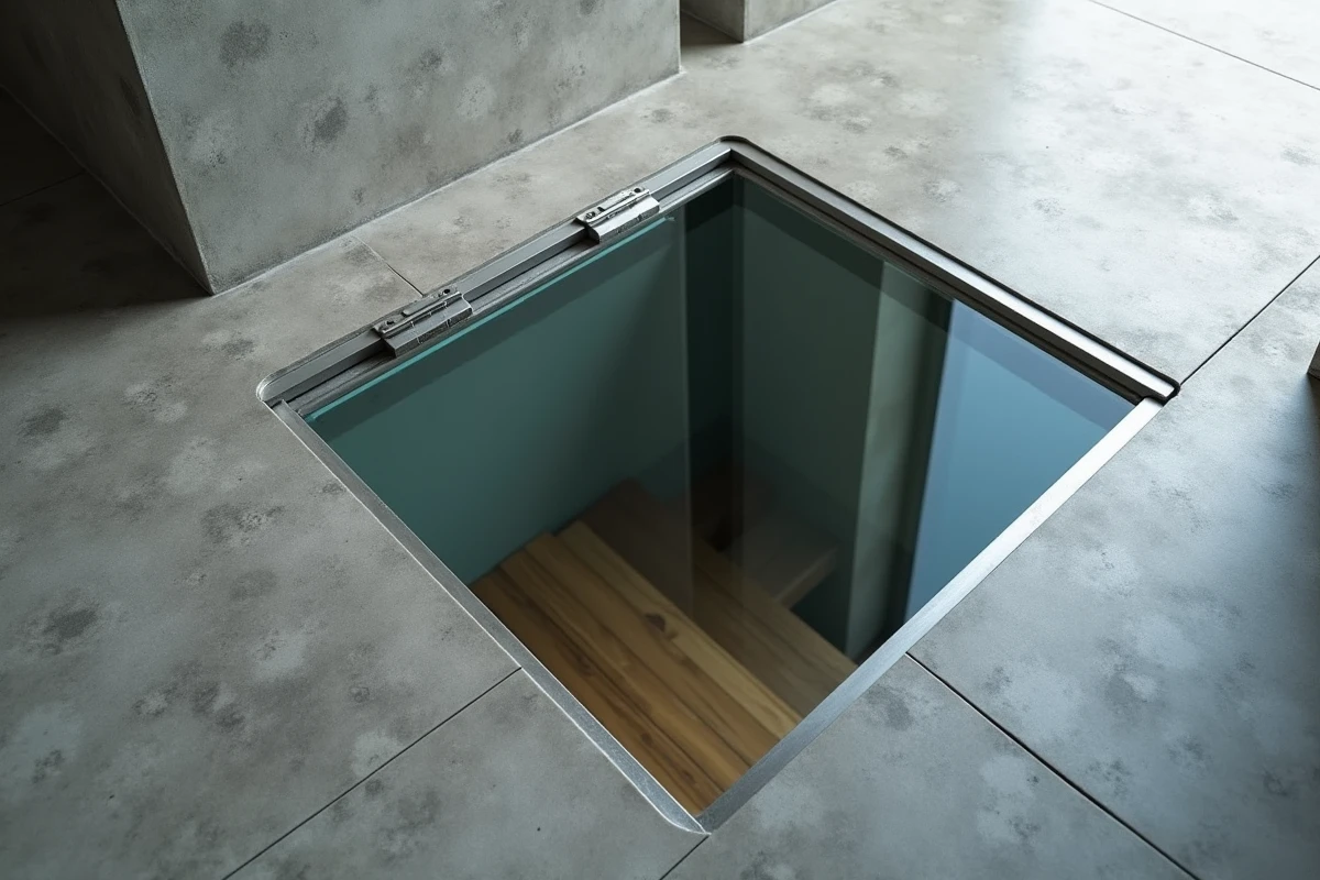 Trappe de cave en verre encastrée dans un sol en béton poli dans une maison contemporaine minimaliste