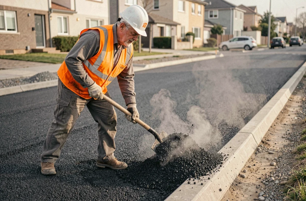 Ouvrier appliquant de l'enrobé à chaud sur une route urbaine lors de travaux de réfection