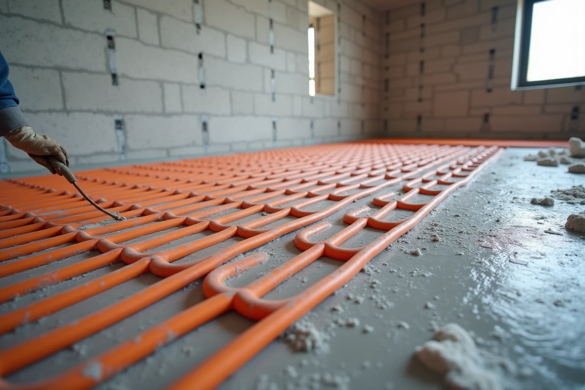 Réseau de tuyaux plancher chauffant posés sur isolant avant coulage de la chape dans une maison neuve