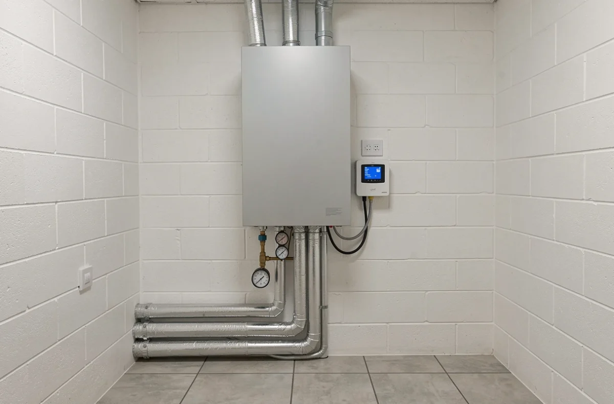 Tableau hydraulique et unité intérieure d'une pompe à chaleur Panasonic 16 kW dans une chaufferie moderne