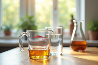Verre mesureur rempli à 150 ml sur plan de cuisine lumineux