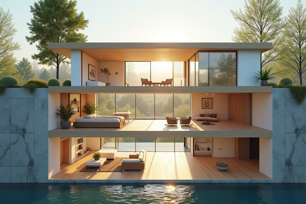 Vue architecturale du maison et sous-sol avec plan translucide